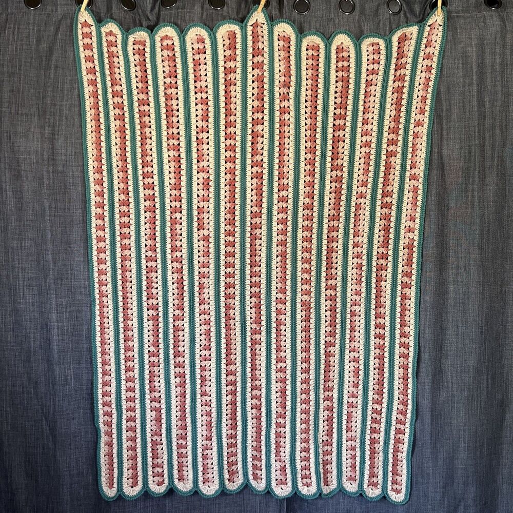 Vintage Handmade Crochet Afghan Scalloped Edge Striped Blanket